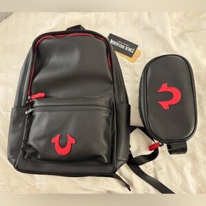 True Religion Men's Black Backpack with Red Accents